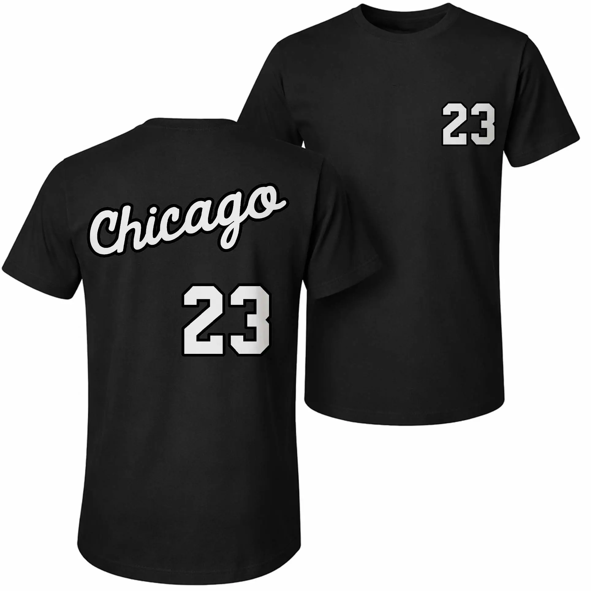 Men's Pure Cotton Short-Sleeve Shirt With Chicago 23 Print—A Unisex Casual Style Perfect For Spring And Summer; Featuring A Cool Graphic Design And A Classic Crew Neck, Suitable For All Four Seasons.