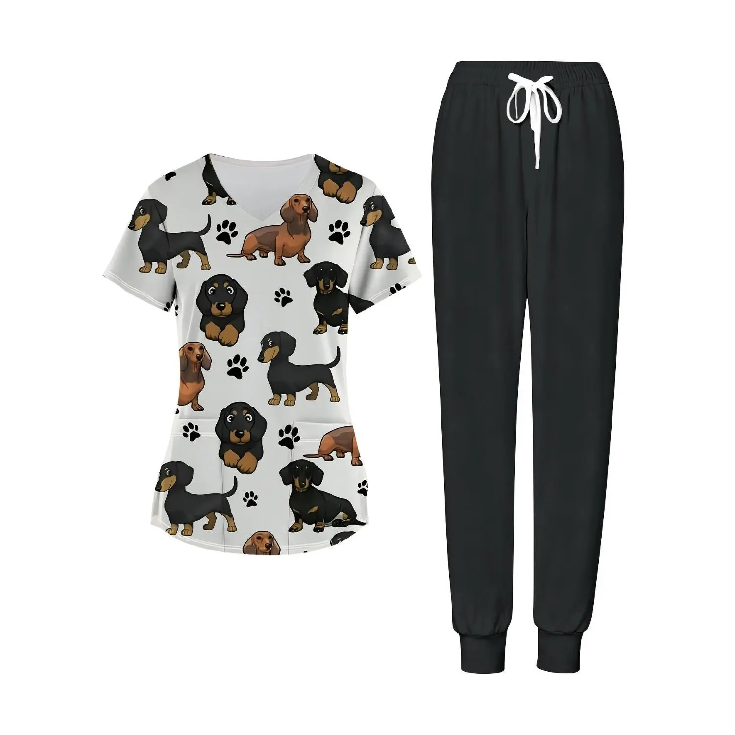 Women's Nurse Uniform Set with Dachshund and Paw Print, Comfortable 2-Piece Workwear for Home and Leisure, Ideal Gift