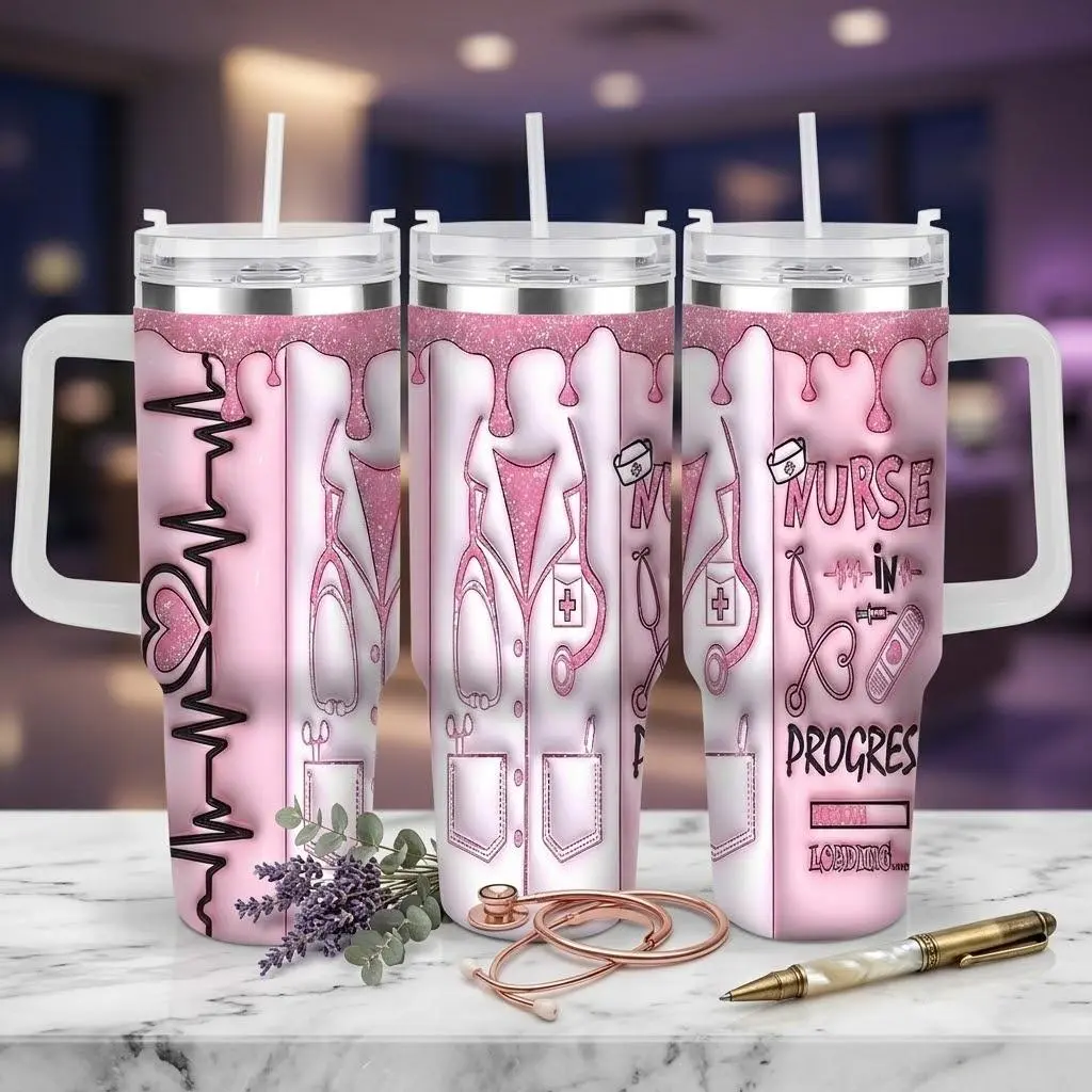 Nurse In Progress Pink Glitter Heartbeat Automotive Cup (40oz/30oz) Medical Stethoscope Print Double Wall Insulated Stainless Steel Spill Proof Durable Travel Tumbler Perfect For Hospital Clinic Office Nurse Gift Daily Commute Holiday Use