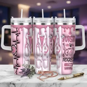 Nurse In Progress Pink Glitter Heartbeat Automotive Cup (40oz/30oz/20oz) Medical Stethoscope Print Double Wall Insulated Stainless Steel Spill Proof Durable Travel Tumbler Perfect For Hospital Clinic Office Nurse Gift Daily Commute Holiday Use summerwins