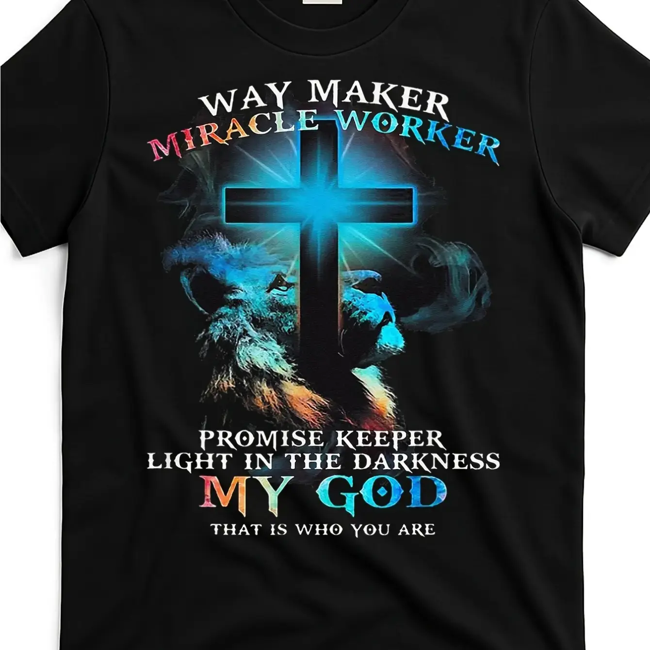 [Retro Christian T-Shirt] Retro Christian Graphic T-Shirt - Way Maker Miracle Worker Jesus Lion Design with Inspirational Scripture Quotes, Black Comfortable Round Neck Short Sleeve Tee for Casual Sportswear & Outdoor Activities, Machine Washable All-Seas