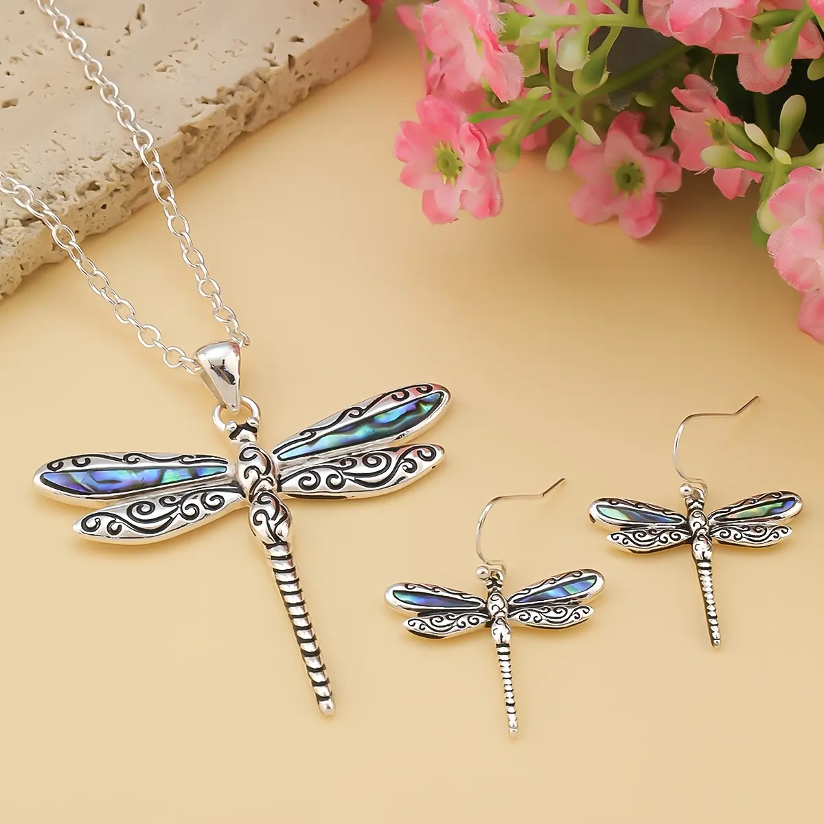 Elegant Women'S Fashion Necklace Set - Zinc Alloy with Blue Dragonfly Pendant, Matching Earrings, and Delicate Chain, Perfect for Daily Wear or Vacation, Dragonfly Jewelry