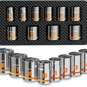 Crosstar 10-Piece 3/8 Inch Drive Thin Wall Socket Set, Low Profile Short Sockets with Eva Foam, Metric Sockets 10mm-19mm, Ideal for Tight Spaces