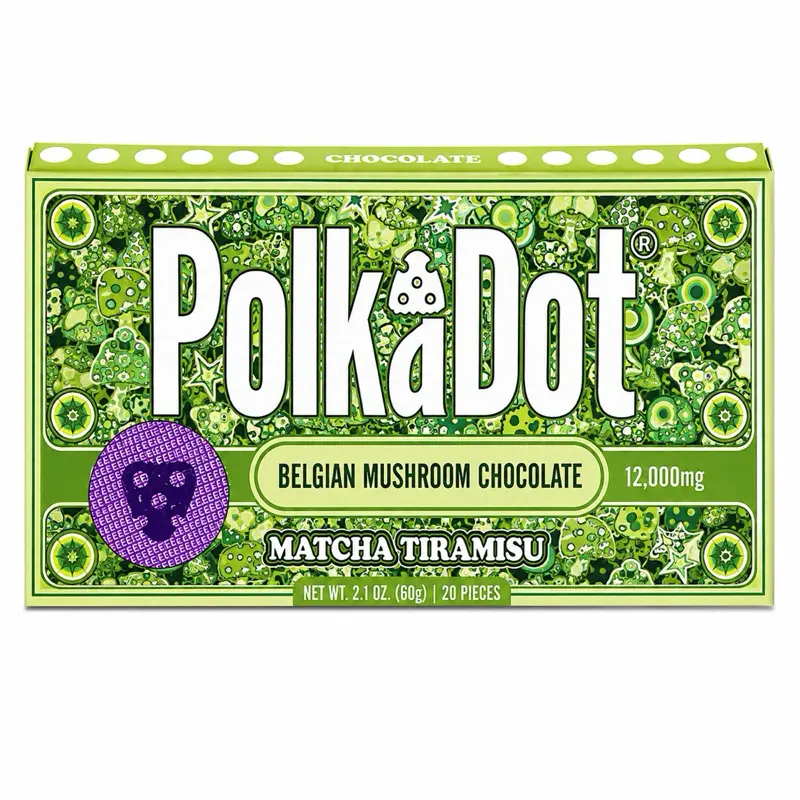 Polkadot Belgian Chocolate, 20 Count, High Potency Plant-based Mushroom Snack, Matcha Tiramisu, 100% Organic, High-Quality Ingredients, Made in USA, All Natural, Healthy Chocolate, 20 Piece Chocolate Bar