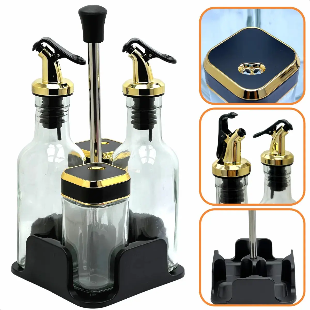 tamACX Glass Oil & Vinegar Dispenser Set with Caddy, Glass Bottles, BPA-Free ABS Construction, Gold/Silver Spouts, Funnel, Brush Kit, Pepper Salt Dispensers, Adjustable Pour Design, Modern Easy-Clean Kitchen Utensils for Better Portion Control, Durable, P