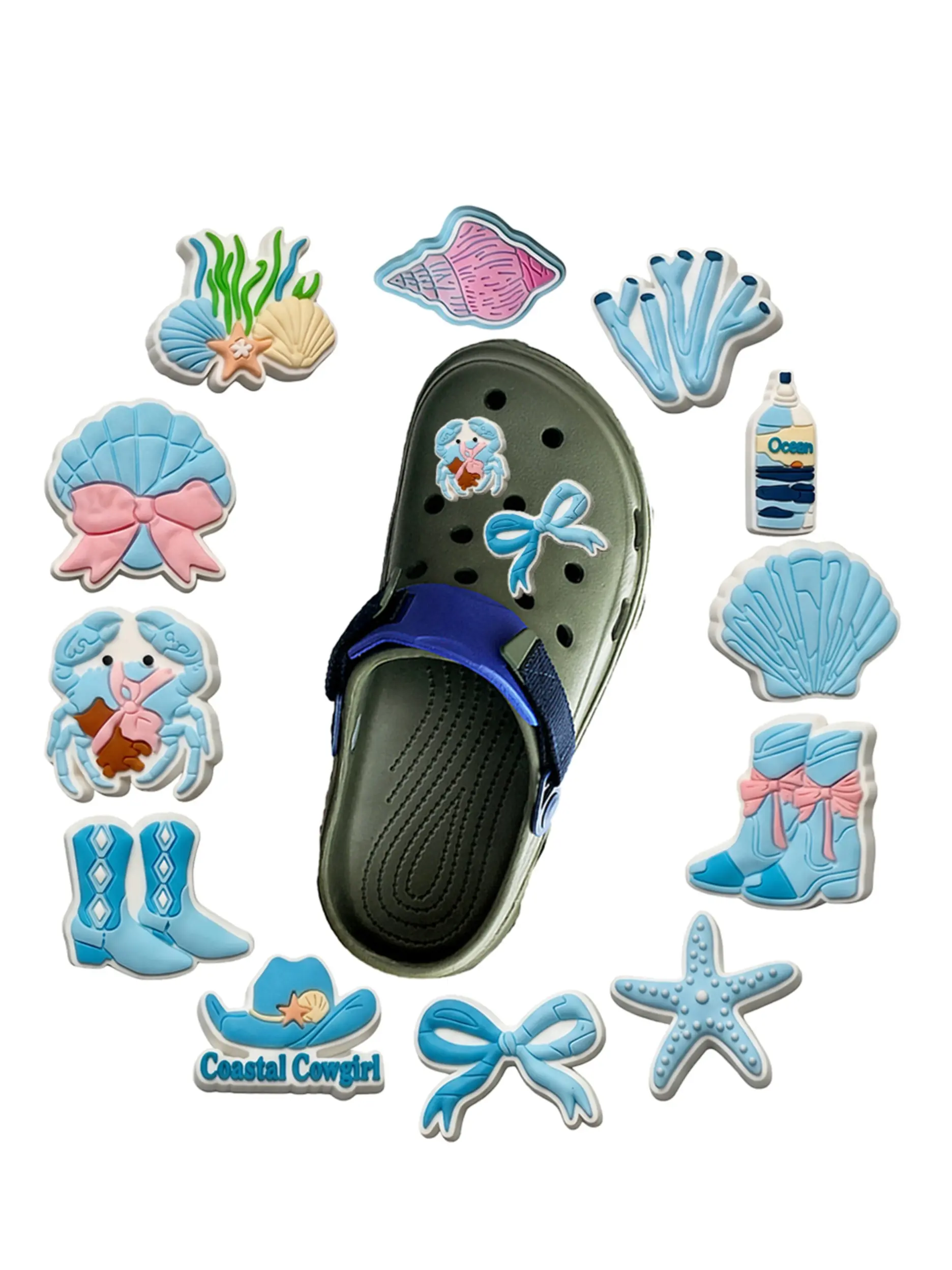 12Pcs Cartoon Blue Pink Ocean Theme PVC Shoe Clips, Cute Fun Shoe Decorations, Perfect for Sandals and Hole Shoes, Casual Wear Accessories