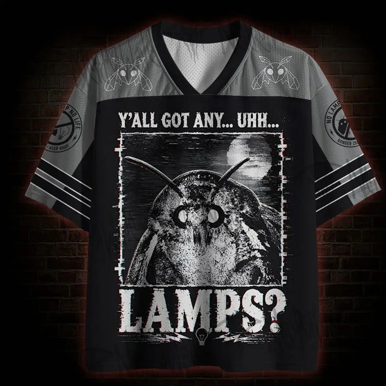 Lamps? Moth Mesh Jersey → Lamps? Moth Mesh Jersey, Funny Moth Meme Graphic Sports Jersey, Oversized Baseball Style Mesh Shirt, Internet Humor Streetwear LDS