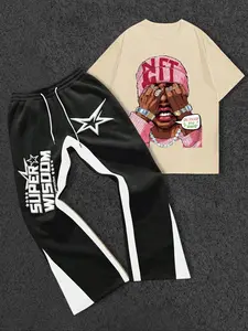 Men's two-piece set: a printed short-sleeved T-shirt and a pair of trousers printed with letters and stars, suitable for all seasons.