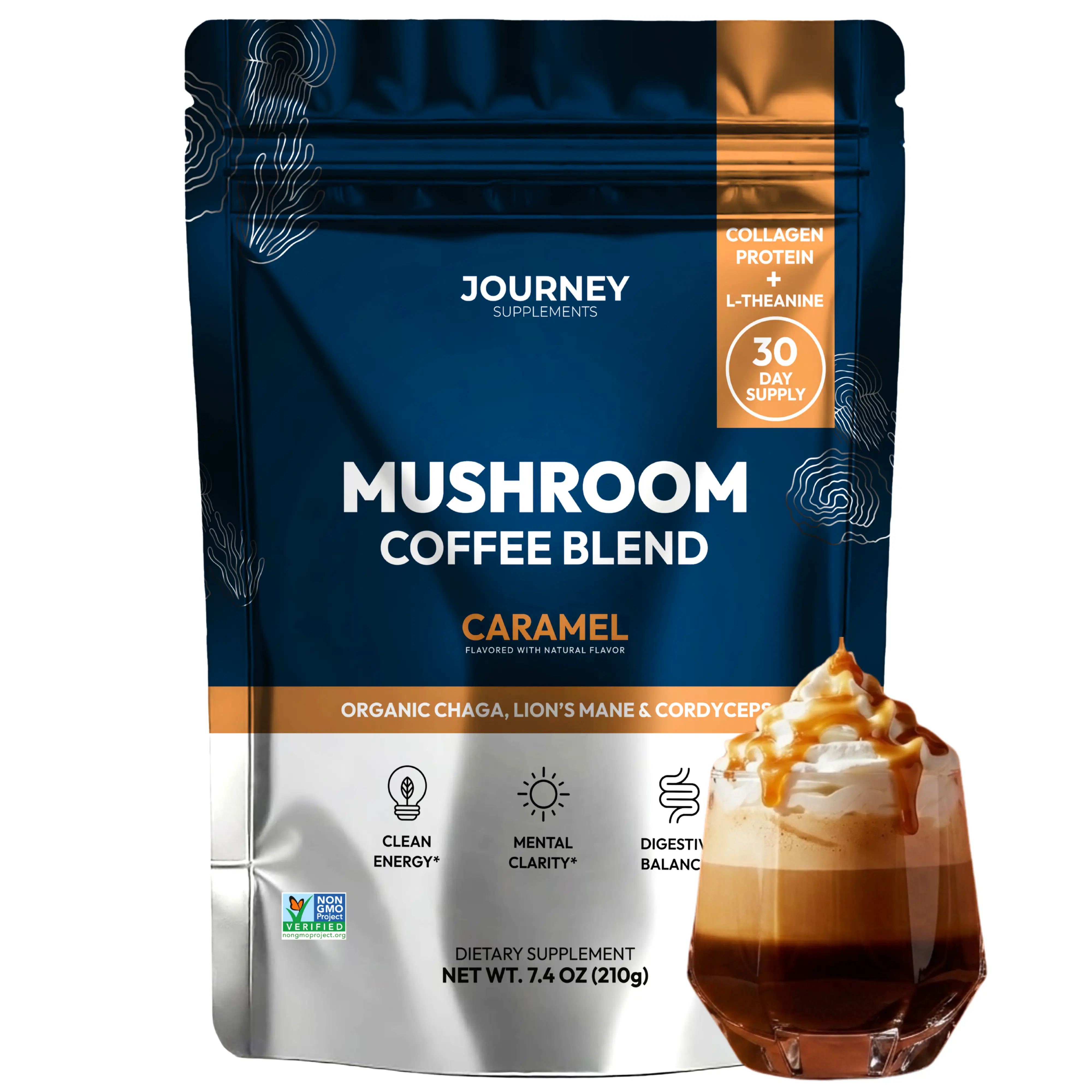 Mushroom Coffee with Collagen - Caramel Blend – Adaptogenic Instant Coffee for Energy, Focus, & Mental Clarity – Enhanced with Lion’s Mane, Chaga, Cordyceps & L-Theanine (30 Servings)