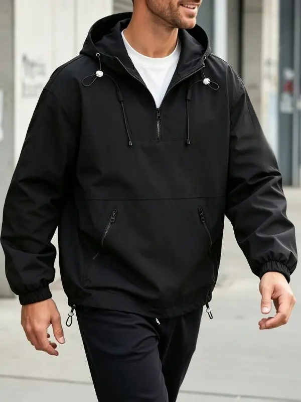 Men’s half-zip hooded jacket with drawstring adjustment, waterproof fabric outdoor pullover outerwear.