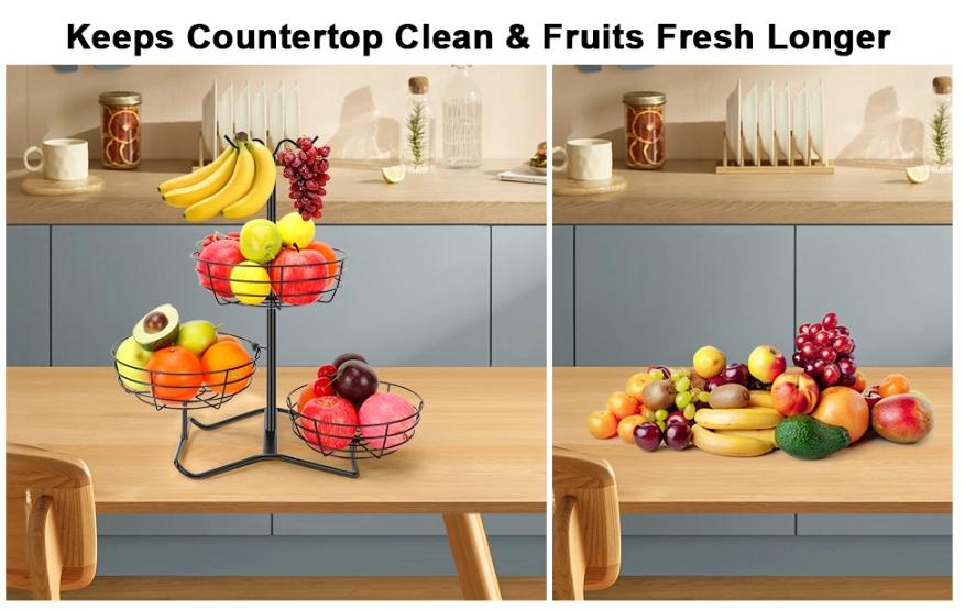 3 Tier Fruit Basket Bowl with 2 Banana Hooks, Solid Metal Standing Vegetable Storage for Kitchen Counter, Large Capacity Organizer for Bread Snack Produce (Black) 3 Tier Fruit Basket Bowl with 2 Banana Hooks, Solid Metal Standing Vegetable Storage for Kitchen Counter, Large Capacity Organizer for Bread Snack Produce (Black)