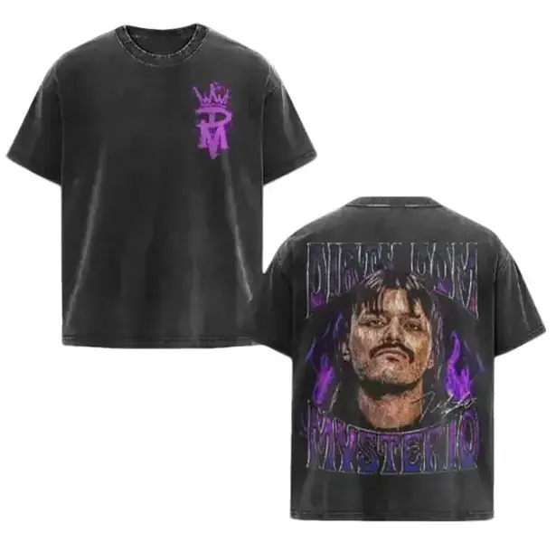 Dominik Mysterio – WWE Oversized Graphic Tee – Vintage black cotton with purple crown DM logo front and bold Dirty Dom Mysterio portrait back, ideal for wrestling fans.