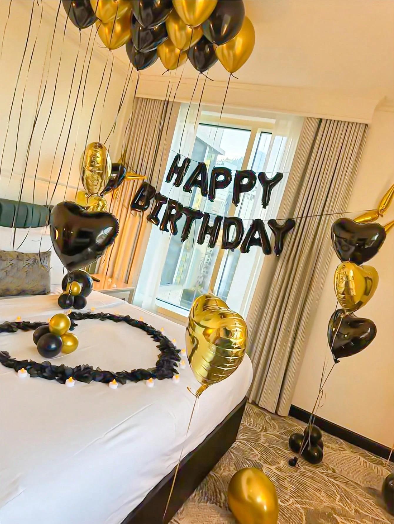 Black & Gold Birthday Balloon Decoration Set , Luxury Happy Birthday Party Decor , TikTok Viral Room Setup