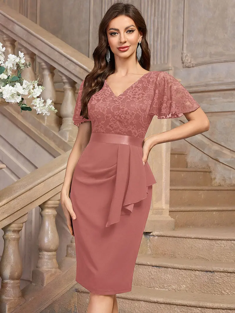 miusol women's retro floral lace slim evening cocktail mini dress Floral Lace V-Neck Ruffle Cocktail Dress with Butterfly Sleeves – Miusol main image 1