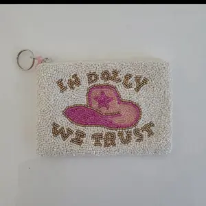 In Dolly We Trust Beaded Coin Purse - Handmade Satin Lined with Zipper & Key Ring - 5" W x 3.5" H - Fits Keys, Card Case, Lip Gloss, Pocket Mirror