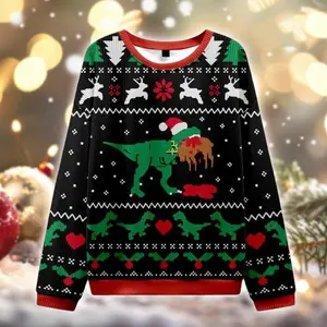 T-Rex Ugly Christmas Sweater, Dinosaur Eating Gingerbread Xmas Jumper, Funny Holiday Sweatshirt, Unisex Gift for Him Her BLH6R1