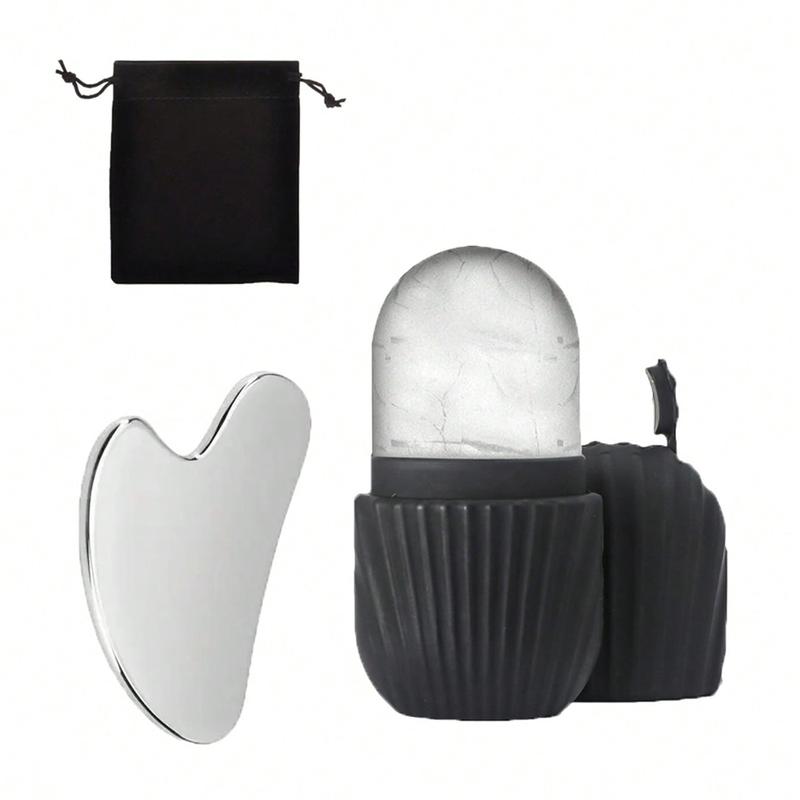 1-piece massage roller set includes 1 ice roller, 1 storage bag, 1 gua sha pad (for glowing skin), silicone ice roller mold (for relieving face and eye puffiness), and reusable skin care tools