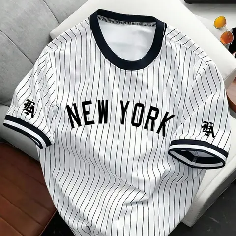 Men's Summer Retro New York Letter Vertical Stripe Baseball Short Sleeve T-Shirt, Sports Tees, Athletic Top, Casual Sports Tops, Home Outdoor City Loose Trend Casual Elegant Youth Simple Versatile Texture Temperament Nature Literary Sports