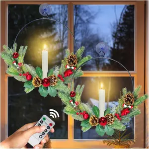 2Pack Christmas Wreaths for Front Door with LED Taper Candles, 16-inch Window Wreath Christmas with Light & Remote, Battery Operated Outdoor Winter Ornaments Christmas Decorations