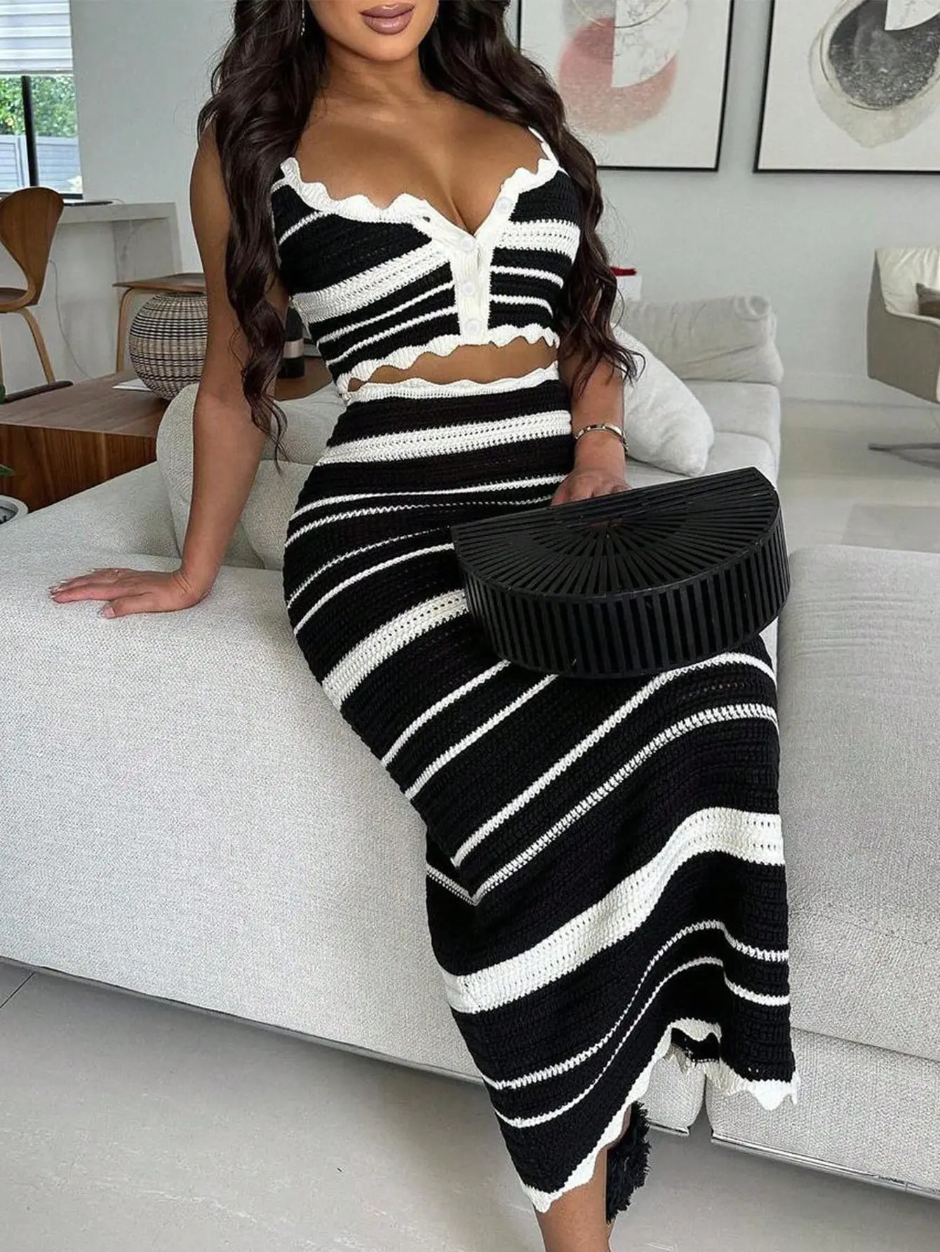 Apperloth Studio Women Sexy Knitted Black Deep V Vest + Long Skirts 2 Pcs Set Beach Holiday Vibe