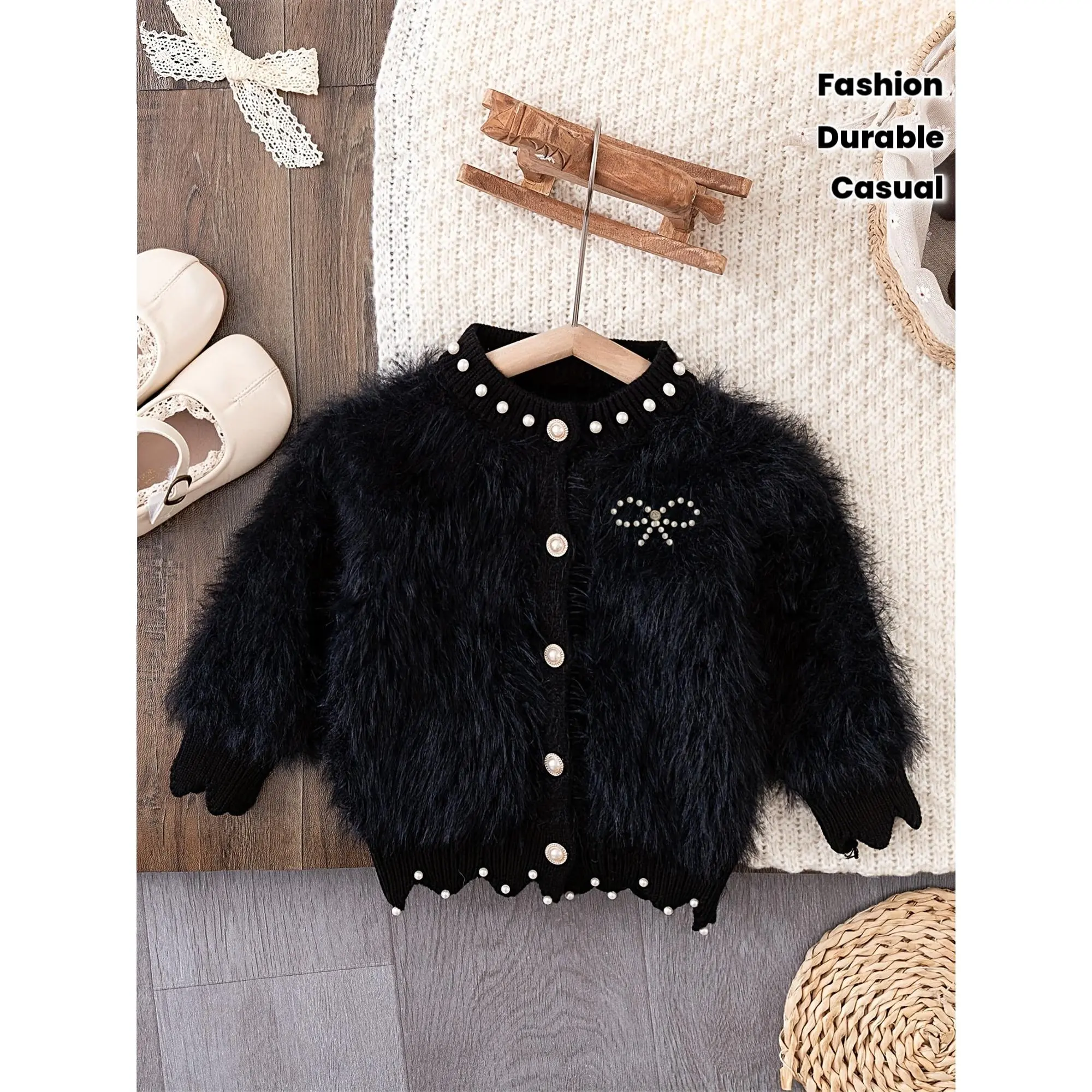 Pink Fleece Girls' Cardigan with Ruffled Collar & Bow Accent Soft Stretchy Winter Sweater Button Front Closure Long Sleeve Casual Outerwear for Fall/Winter Knit Holiday Gift Cozy Clothing Stylish Durable Knitwear