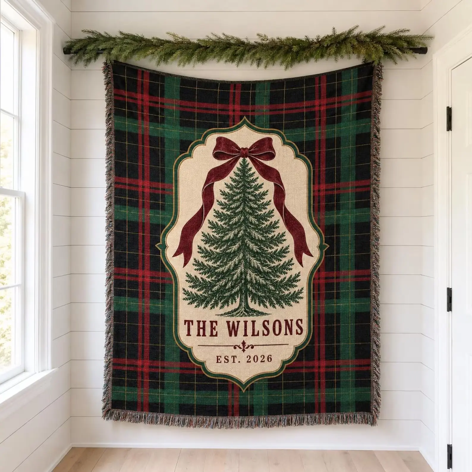 Personalized Woven Blanket Custom Family Name Tartan Plaid Christmas Throw Holiday Tree Gift