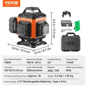 VEVOR Laser Level, 100ft, Self Leveling Manual Green 4x 360 Cross 16 Line Laser, IP54 Waterproof Manual Self-leveling Mode 5h Continuous Working Time Line Laser, Battery Include