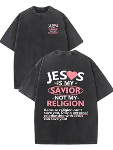 Men's Distressed Washed Cotton Short-Sleeve Top, Black Faith Theme Heart Text Graphic Print T-Shirt, Round Neck, Regular Fit, Figure-Flattering, Soft Breathable, Suitable for Daily Commute & Year-Round Wear