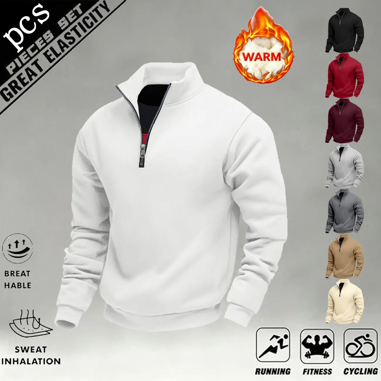 Solid color half zipper pullover sweater, velvet inside to keep warm, simple and loose version, daily casual wear in autumn and winter.