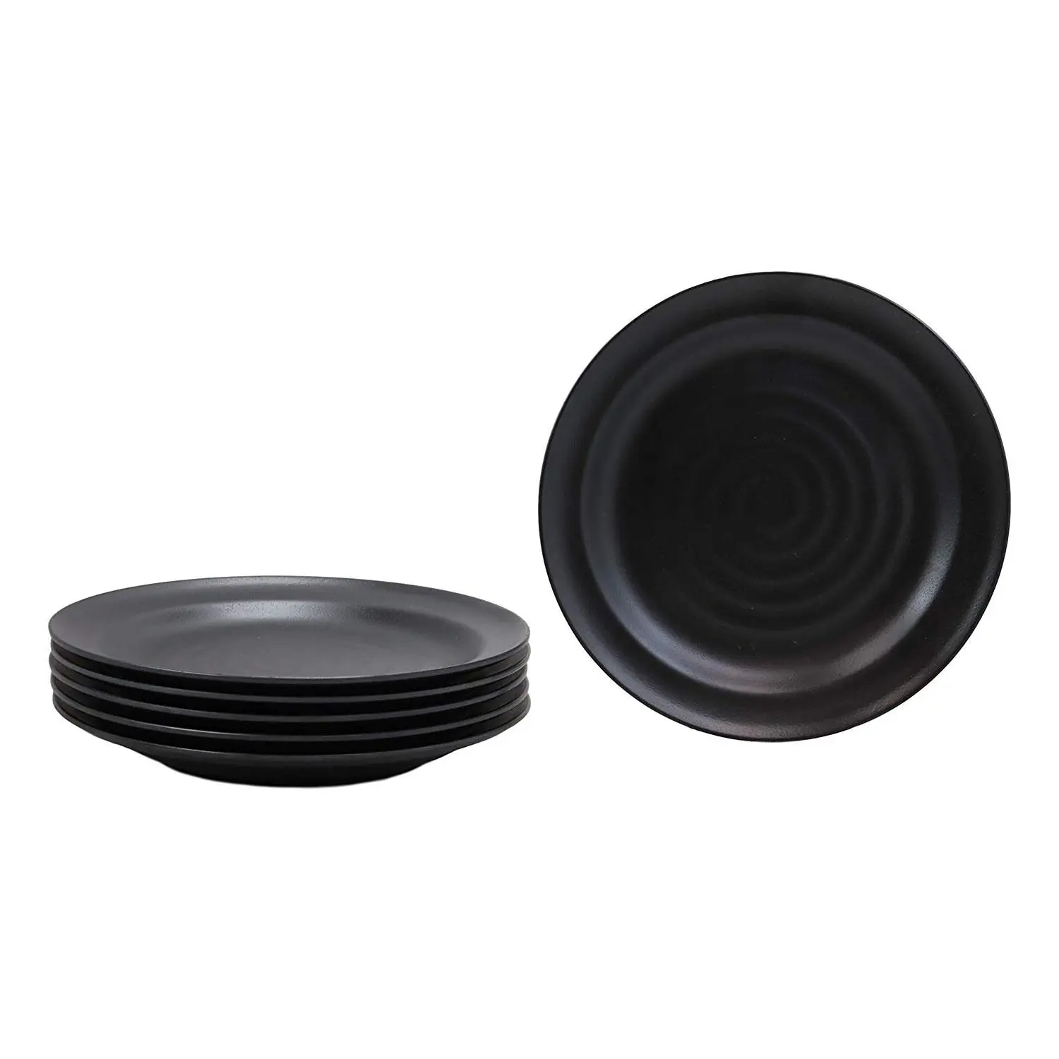 Ebros Contemporary Tao Swirl Design Round 9.75" Diameter Matte Black Jade Melamine Large Dinner Plates Pack Of 6 Set For Home Kitchen Modern Dining Restaurant Supply