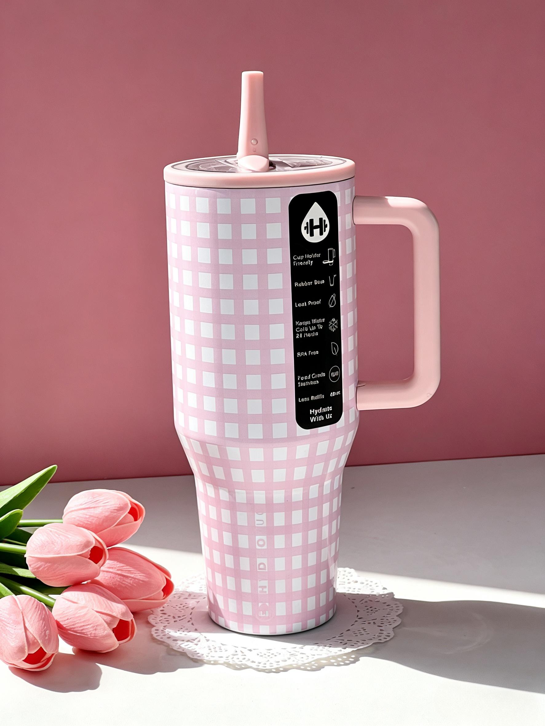 HydroJug 40oz Cute Pink Gingham  Tumbler with Handle & Straw, Insulated Stainless Steel Cup, Trendy Coquette Aesthetic for On-the-Go Hydration Drinkware Flasks Mug Bottles Bottled  Bottles  Bottles Portable sarcastic frozen drink toddler water gym school