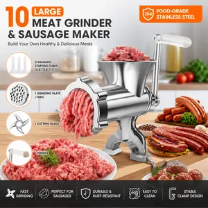 #10 Heavy Duty Meat Grinder & Sausage Filler – 5 Attachments Included (Sausage Tubes, Kubbe, Blade, Grinding Plates) – Perfect for Home Kitchen, Camping, Hunting