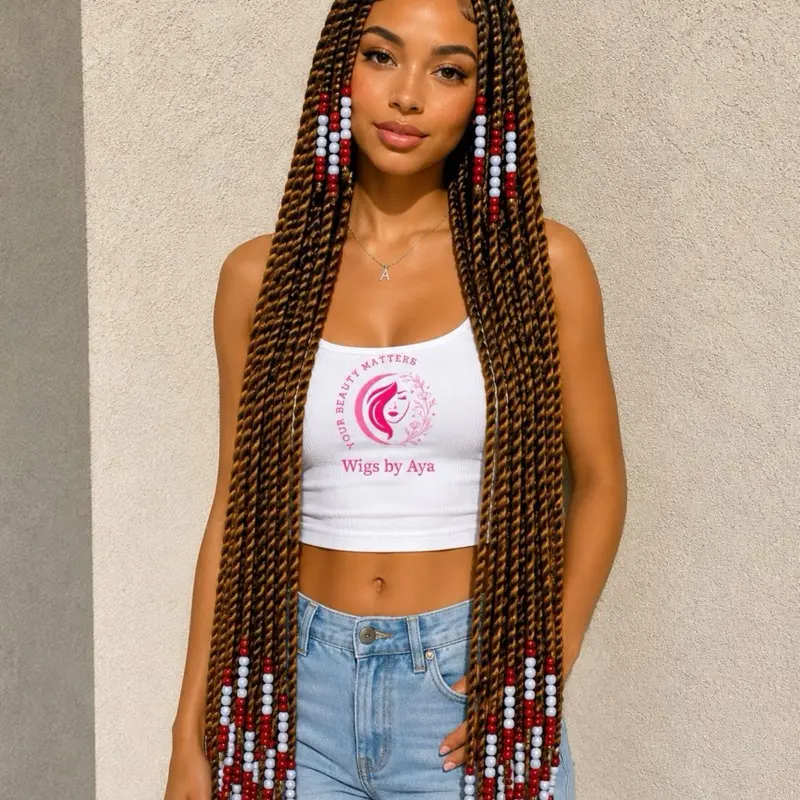 Long Senegalese Twists Lace Full lace Human Hair Wig with Baby Hair, Full Lace, Red & White Beads, Handmade Braids, Natural Look, Versatile for Daily Wear