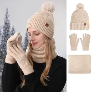 plush earmuff Women's knitted hat winter cold-proof double-layer scarf outdoor warm knitted hat scarf gloves three-piece set neck warmer touchscreen glove Thermal Balaclava with Ear Flaps knit woman