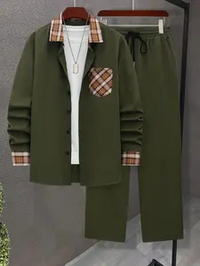 Men's Plaid Button Shirt & Drawstring Pants Set, Casual Long Sleeve Fitted Top, Fall Winter Fashion, Discounted Clearance Sale