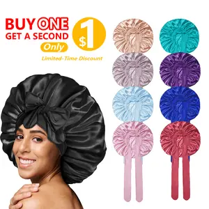 BONNET QUEEN Satin Night Cap for Women - Large Adjustable Bonnet with Tie Band for Curly Hair - Moisture Protect Edges & Natural Luster - Bn001-Black