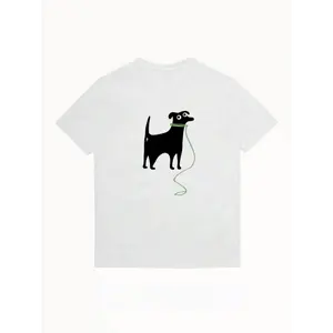 Unisex Cute Black Dog Graphic T-Shirt Minimalist Short Sleeve Tee Green Leash Cartoon Print Casual Streetwear Tops for Pet Lovers