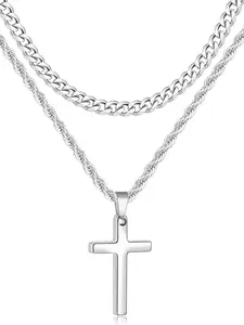 Men's Stainless Steel Necklace Set, Twisted Chain & Cross Pendant, Multi-Layer Cuban Style Trendy Design, Fashion Jewelry Accessory