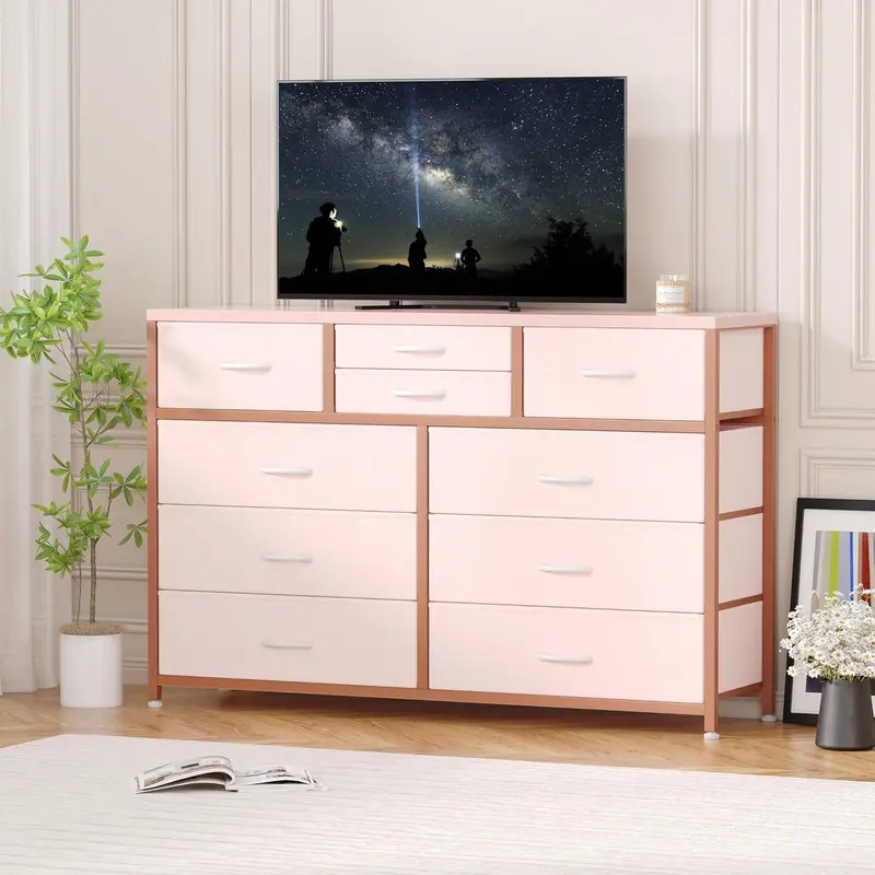 Sturdy 10-Drawer Dresser - Space-Saving Indoor Furniture with Steel Frame, Wood Top, Pink Finish - TV Stand Entertainment Center for Bedroom, Nursery - 45.3”w x 13.8”d x 31.5”h