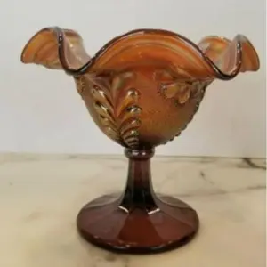 Northwood Carnival Glass Amethyst Daisy and Plume Compote Vintage 5" H X 6"W