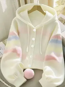 Women's Hooded Sweater Jacket, Rainbow Striped Colorblock Knit Cardigan, Fall Winter Fashion, Elegant Casual Wear