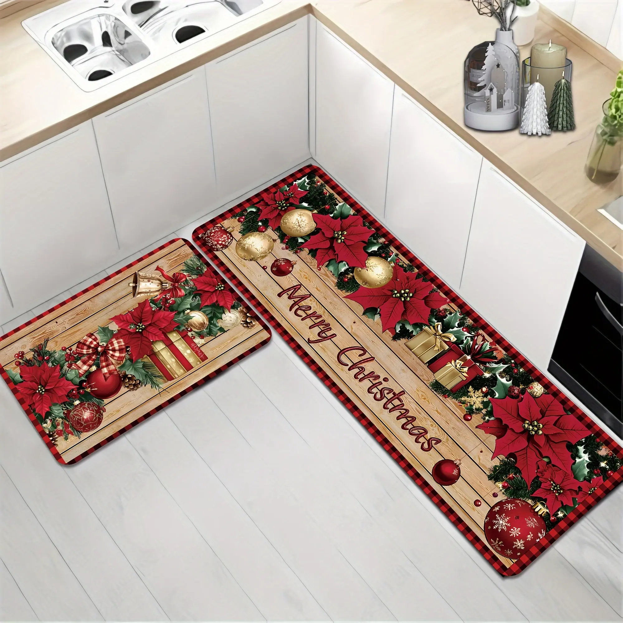 2/3pcs Merry Christmas Winter Decor Poinsettia Gift Ball Bell Kitchen Rug Vintage Country Farmhouse Red Kitchen Mat Easy to Clean Kitchen Mat for Christmas Holiday Kitchen Bathroom Entryway Home Decor Gift Christmas Present