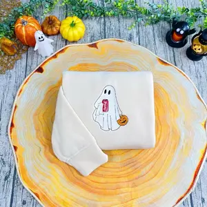 Halloween Ghost Drink Style Custom Embroidered T-Shirts, Spooky Season Embroidery