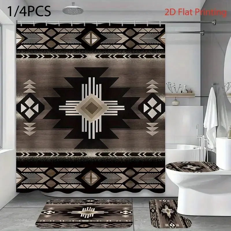 1/4 pcs retro geometric pattern shower curtain set, Vintage decorative shower curtain, non-slip floor mat, U-shaped carpet, toilet cover, Bathroom decor, free 12 shower curtain hooks