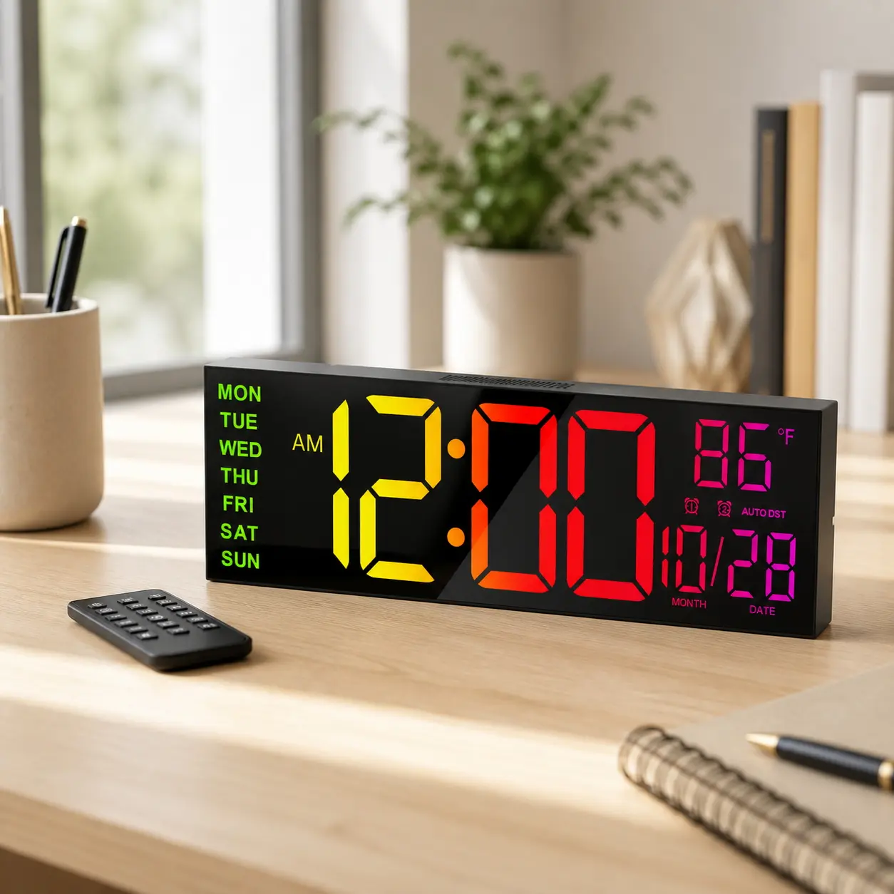 <Backtoschool> LEIKE 16.2" LED Large Digital Wall Clock-Rectangle Decorative Wall Decor, Multi Functional Home Supply with Remote Control, Dual Alarm, 8 RGB Colors, Auto DST, Temperature Display,dorm essentials,sohochic