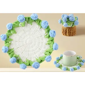 Light Blue Crochet Flower Coasters, Handmade Knitted Bouquet Style Drink Coasters with Crochet Plant Pot Design, Soft Decorative Mat for Coffee Table Protection, Home Decor Gift (1Pc)