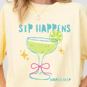Sip Happens Margs Help Tee, Everyday Trendy Shirt, Summer Tee, Oversized Graphic Tee, Womens Shirt, DTG Printed In the USA Casual