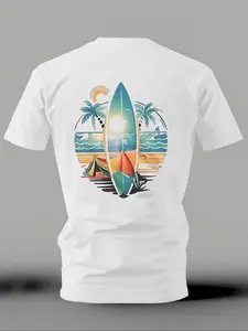 Men's Regular Fit Surfboard Tropical Print Round Neck Tee, Casual Short Sleeve Crew Neck T-shirt for Summer, Fashion Men's Top for Beach Vacation, Casual Streetwear, Menswear