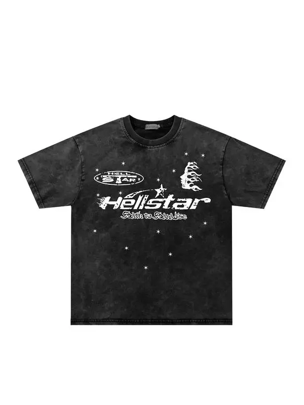 Hellstar Faith To Terrorize Star Flame Graphic Unisex Washed Short Sleeve T-Shirt, Vintage Distressed Round Neck Streetwear Tee, Trendy Casual Fashion Top For Daily Summer Everyday Outfits