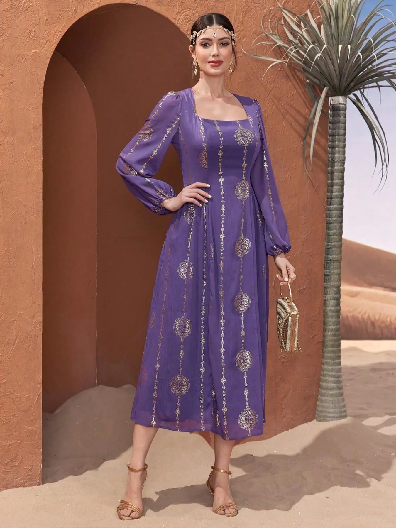 Women's Floral Embroidery Long Sleeve Dress, Elegant Maxi Arabian Dress for Party Holiday Wedding Guest, Ladies Clothes for All Seasons